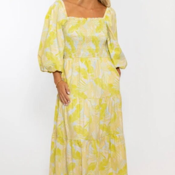 Karlie Dresses & Skirts - Gorgeous Karlie Tropical Leaf Smock Maxi Dress Coquette Girl Bow Back Sz Medium